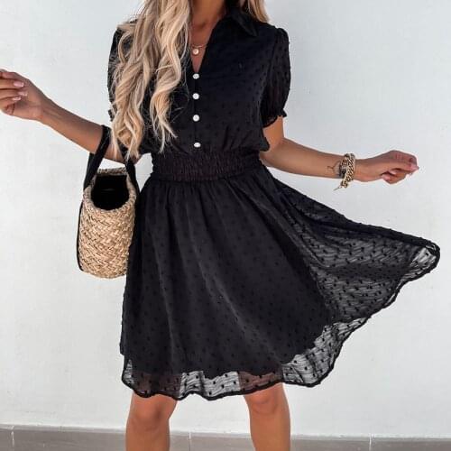 Summer Elegant Black Dot Party Dresses Women Waist A Line Mini Dress Button Short Sleeve Robe Female V-Neck Beach vestidos