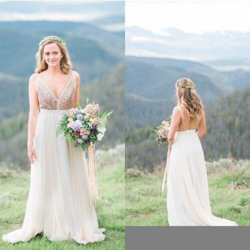 Rustic Backless Boho Wedding Dress Deep V Neck Top Rose Gold Sequins And Chiffon Bohemian Bride Dresses 2021 Vestido De Noiva