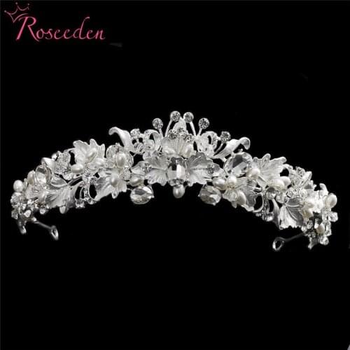 Women Handmade Gold Silver Color Bride Pearl Tiara Crown Princess Weeding Crystal Tiaras Crowns Hair Accessories RE3173