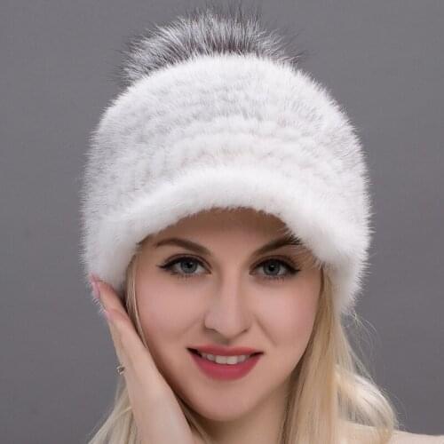 High Quality Mink Knitted Hat Fashion Large Fox Fur Ball Thickened Head Cap Fur Ear Protection Warm Fur and Windproof Hat