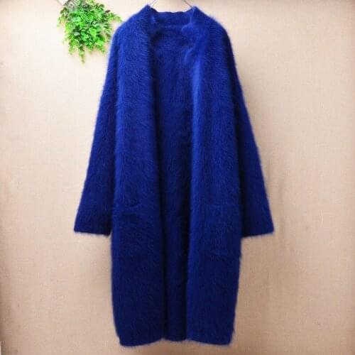 Ladies women fashion blue autumn warm long hairy fuzzy mink cashmere suit collar long sleeves cardigans angora fur knitted coat