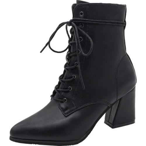Okkdey Womens high heel thick heel pointed lace up motorcycle short boots autumn 2020 new British fashion womens shoes