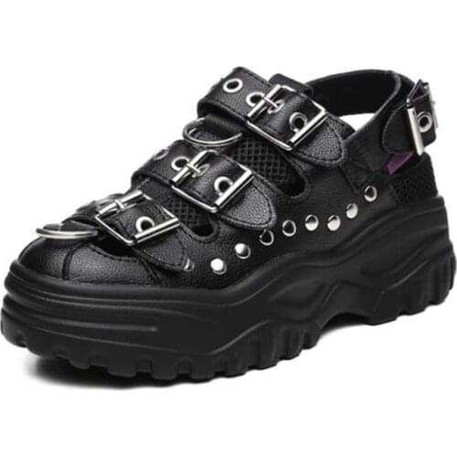 INS Hot Genuine Leather Women Platform Sandals Height Increasing Summer Shoes Punk Style Buckle Rivet Female Streetwear Feetwear