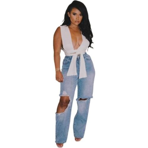 2021 Womens Jeans Ripped Blue High Waisted Loose Mom Boyfriend Jeans for Women Fashion Casual Hole Denim Pants Trousers Ddlg