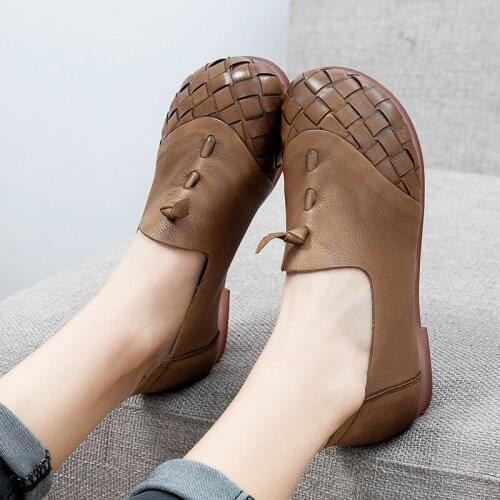 YourSeason Ladies Flats Spring Autumn 2021 Genuine Leather Round Toe Shallow Handmade Concise Women Vintage Weave Shoes