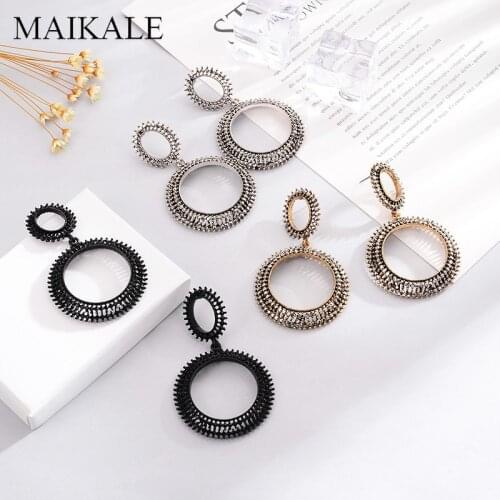 MAIKALE Vintage Big Round Circle Metal Earrings Paved Multilayer Rhinestone Black Gold Exaggerated Stud Earrings for Women Gift