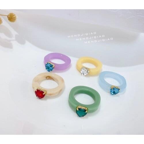 2021 Korea Fashion Vintage Acetate Colorful Resin Geometric Round Heart Crystal Rings Set For Women Girls Simple Jewelry Gifts