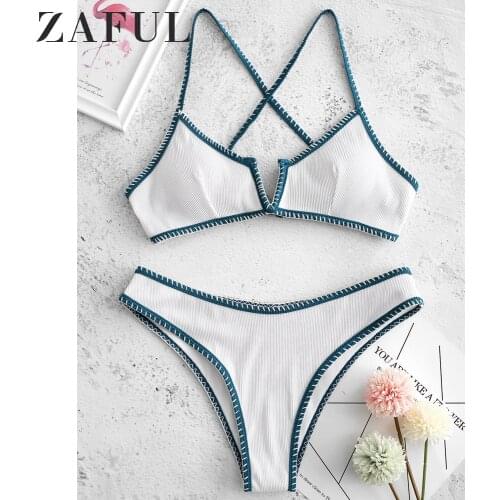 ZAFUL Women Bikini Swimsuit Set Summer Whip Stitch V-wired Ribbed Textured Bikinis Swimwear Sexy 2 Pieces biquinitraje de baño