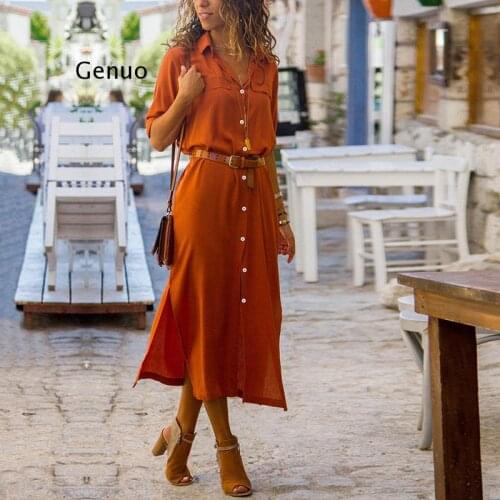 Autumn Winter Button Side Split Long Dress Women Solid Casual Loose Dress Ladies Long Sleeve Midi Dresses Vestidos