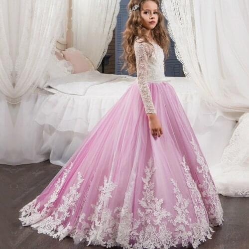 2018 Romantic Floral Tulle Flower Girl Dress for Weddings Lace Sleeve Girl Party First Communion Dresses Princess Pageant Gown
