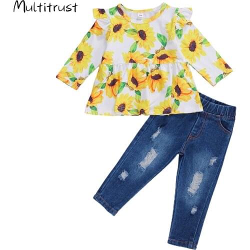 2020 Autumn New Kids Clothing Toddler Floral Print Long Sleeve T-shirt Tops Denim Long Pants 2pcs Outfits Set 0-5Y