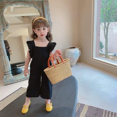 2021 New Summer Toddler Girls Casual Halter Jumpsuit Solid Color Loose Cotton Pants Flying Sleeve Children Bow Backless Bodysuit