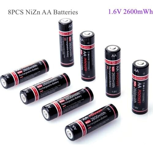 8 PCS AA Rechargeable Battery NiZn 1.6V 2600mAh Batteries for Flashlight Microphone Toy Remote Control