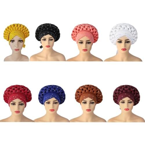 African Caps with Stones Aso Oke Hijab Gele Headtie Already Made Turban Head Wrap Ladies Hat Auto Cap Headtie Aso Oke Gele Cap