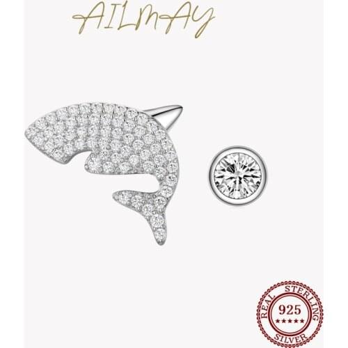 Ailmay Fashion 925 Sterling Silver Cute Great White Shark Animal & Ball Stud Earrings Clear CZ Fine Female Party Jewelry