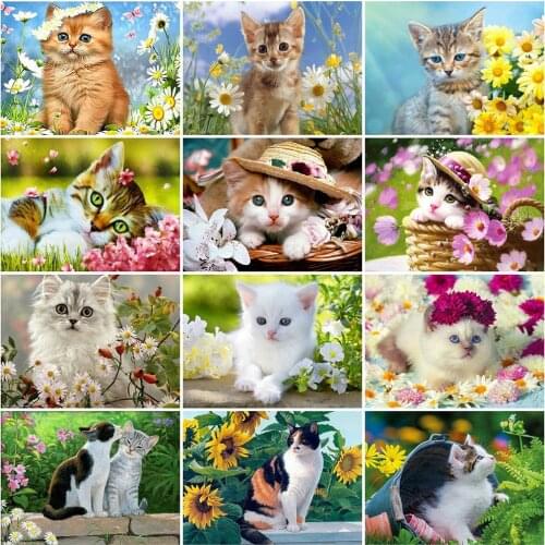 HUACAN Diamond Embroidery Cat Full Square Round Drill Diamond Painting Animal Diamond Mosaic Cross Stitch Kit Home Decoration