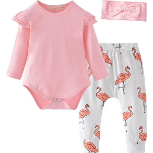 Fashion Newborn Baby Girl Clothes Set Casual Pink Bodysuit Tops Flamingo Pants Bowknot Headband 3Pcs Infant Clothing Outfits