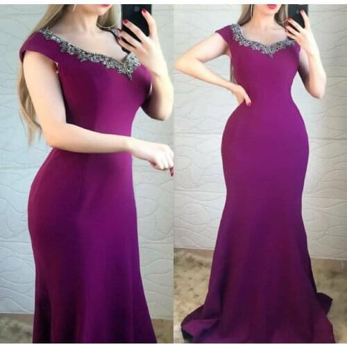 Long Satin V-Neck Beaded Mermaid Purple Prom Dresses Vintage Robe De Soiree Formal Lace Up Back Party Dresses for Women