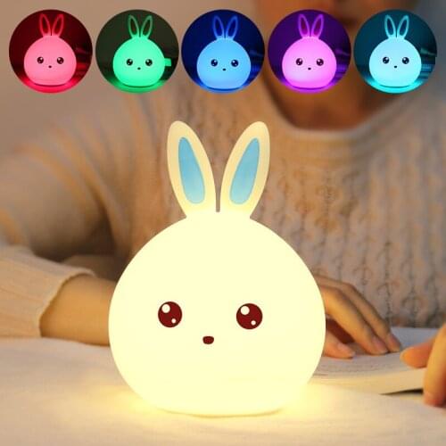 GEEKFUN Silicone Table Lamp Cartoon Cute Rabbit USB Charging Remote Control 7 Colors LED Beside Patting Night Light Baby Gift