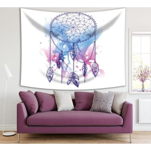 Tapestry Dream Catcher with Feathers Watercolor Effect Bohemian Hippie Style Tribal Art in Purple Blue Fuchsia Colors Printed