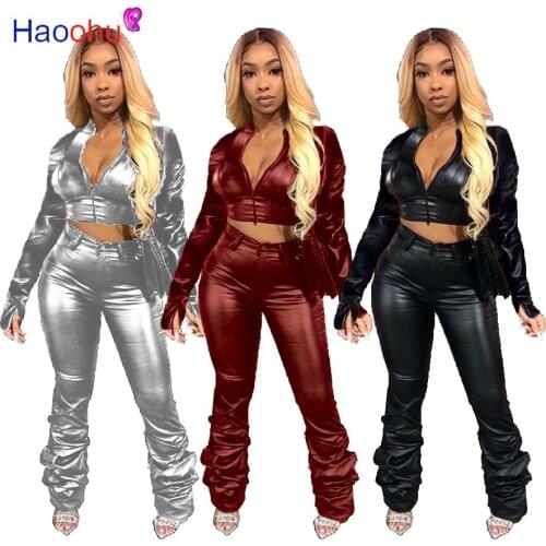 HAOOHU Womens Set Full Sleeve zipper Crop Tops Legging Pant Suits Tracksuit Fitness Two Piece Set PU Leather Outfits