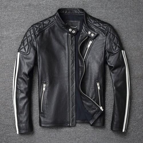 DHL Free Shipping Mens Stand Collar Jacket Genuine Cowhide Leather Jackets Slim Fit Male Natural Skin Spring Clothing Coat