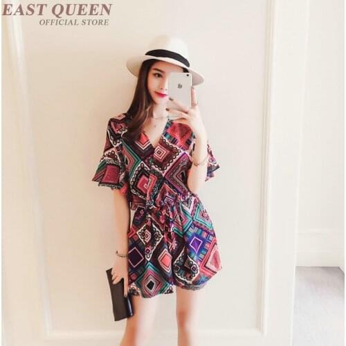 Mexican ladies jumpsuit & rompers summer loose printed bohemian chiffon beach multicolour playsuits with pocket DD482 F