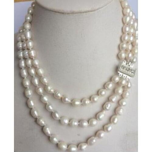 Jewelry Pearl Necklace 3 Rows 8-9mm Natural White Akoya Pearl Necklace 17-19"