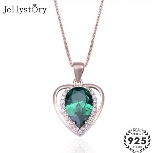 Jellystory Elegant 925 Sterling Silver Necklace with Heart-shaped Emerald Zircon Gemstones Pendant Women Jewellery Wedding Party