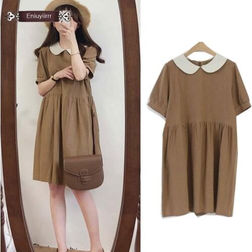 Doll Cute Dresses Woman Korea Japan Style Short Sleeve Blue Patchwork Peter Pan Collar Loose Belly Dress Cotton Vintage E023