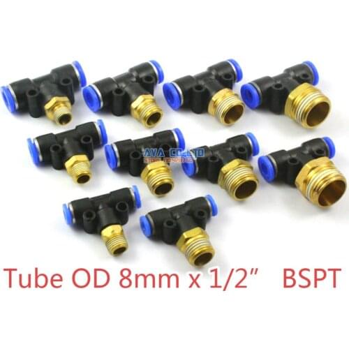 5 Pieces Tube OD 8mm x 1/2" BSPT Male Tee Pneumatic Connector Push In To Connect Fitting One Touch Quick Release Air Fitting
