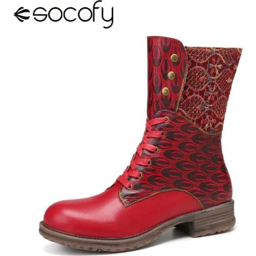 SOCOFY Women Boots Warm Printing Comfort Leather Stitching Embroidered Comfy Round Toe Lace Up Zipper Mid Calf Red Boots Winter