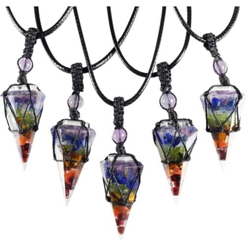 TUMBEELLUWA 7 Chakra Stone Hexagonal Prism Pendant Necklace Healing Natural Crystal Dowsing Pendulum Leather Rope Reiki Jewelry