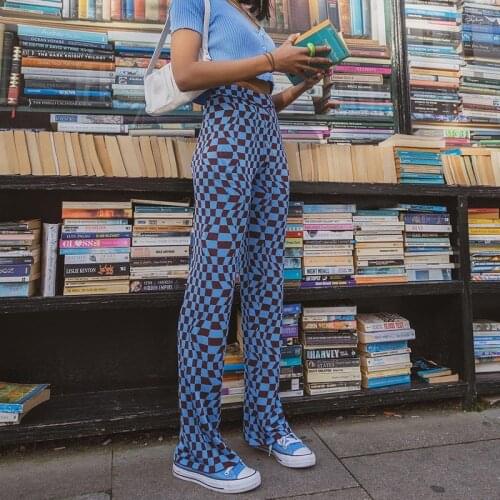 Vintage Knit cool Girl Wide Leg Pants Checker Plaid Print Irregular diamond grid Women High Waist Trousers Harajuku