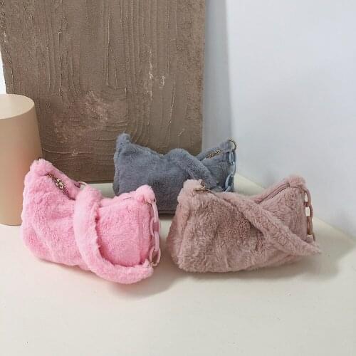 Women Plush Shoulder Underarm Bag Soft Autumn Winter Fashion Fluffy Female Shopping Tote Solid Color Casual Acrylic Chain Handba