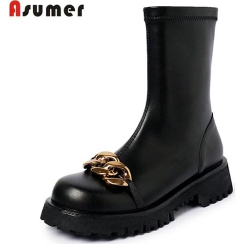 Asumer New Arrival Genuine Leather Shoes Fashion Zipper Ankle Boots Platform Flat With Female Boots Winter Hand Made Top Quality