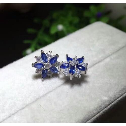 Fashion natural blue sapphire stud earrings Natural gemstone earrings Elegant Flowers S925 silver girl women earrings jewelry