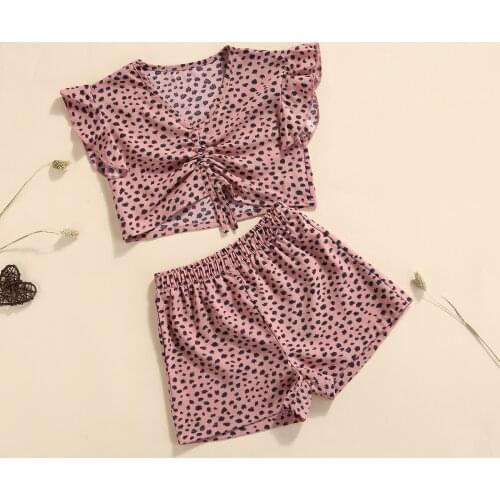 2Pcs Kids Summer Outfit Girls Leopard Print V-Neck Ruffled Drawstring Tops + Elastic Waist Shorts, 2-7 Years