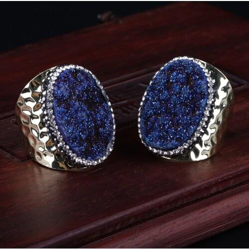 Natural Rough Oval Blue Raw Khaki Druzy Stone Bead Charm Pave Rhinestone Wide Wrap Hammered Gold Open Ring cuff Women Jewelry