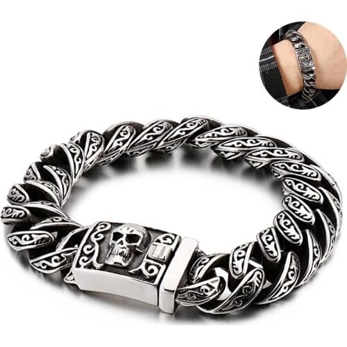 16mm Heavy Punk Rock Mens Vintage Biker Skeleton Skull Bracelet Hiphop Stainless Steel Curb Cuban Chain Bracelets Bangle Jewelry