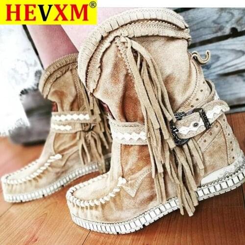 2020 New Women Ankle Short Boots Tassels Round Toe Buckle Strap Ethnic Style Warm Non-slip Boots Shoe for Lady Warm Botas Mujer