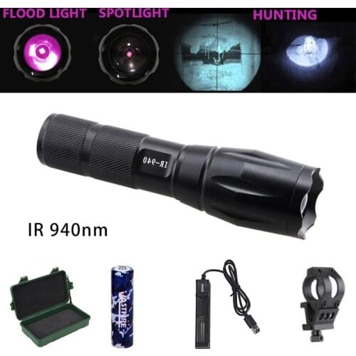 Aluminum IR Hunting Light Zoom 7W IR 940nm Night Vision Infrared LED Flashlight with Scope Mount and Rechargeable Battery Set