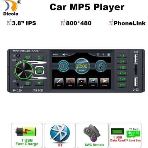 Car MP5 Stereo 1 Din Radio Bluetooth Autoradio 3.8" Touch Screen Multimedia MP5 Player Support Micophone And Rear View Camera