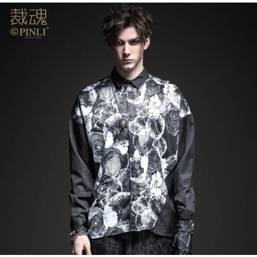 Free shipping Soul spring new mens Soul cutting spring printed dark long-sleeved shirt BC193113398