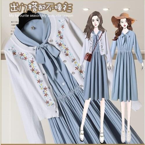 Large size suit waist dress 2020 new autumn womens embroidery knitted cardigan plus size two piece sets sets for women