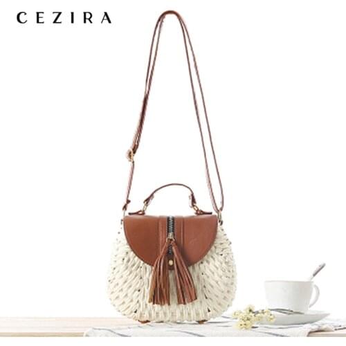 CEZIRA Small Summer Straw Saddle Bag Knitting Women Handbag Woven Beach Holiday Girl Tassel Casual Flap Shoulder&Messenger Bags