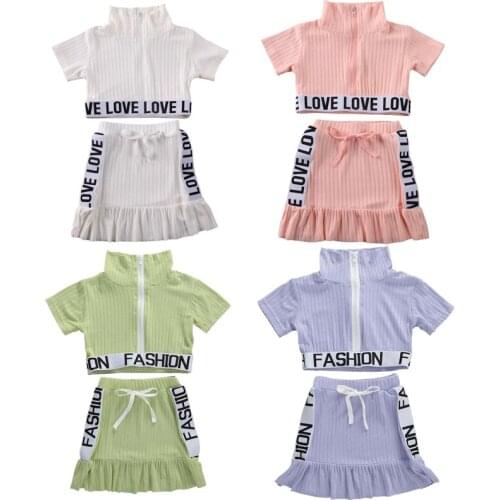 Kids Baby Girls Clothes Sets Letter Short Sleeve Zipper T-shirt Tops & Ruffle Skirts Outfits Clothes