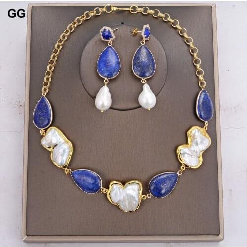 GuaiGuai Jewelry Natural White Baroque Keshi Pearl Gold Color Plated Blue Lapis Lazuli Chain Necklace Earrings Set For Women