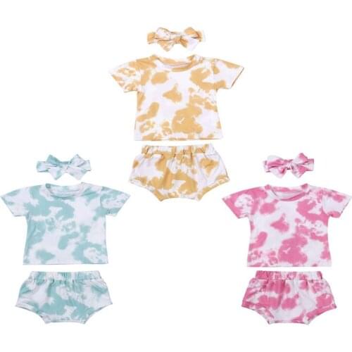 Newborn Baby Girls 3-piece Outfit Set Short Sleeve Tie-dye Print Top T-shirt+Shorts+Headband Clothes Set Summer Tracksuit 0-24M