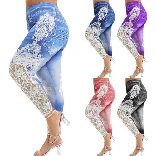 Women Fashion Lace Patchwork Leggings Faux Denim Jeans Leggings Pocket Casual Slim leggings Velvet Warm Legging Plus Size